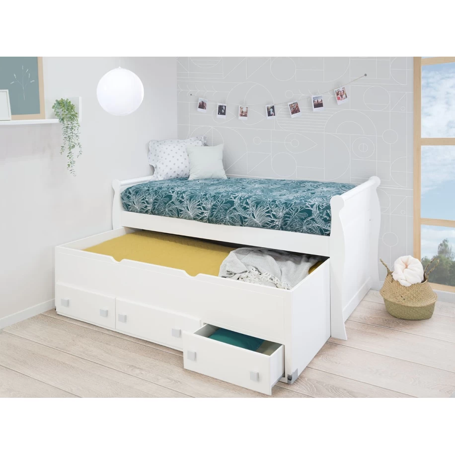 Dormitorio Juvenil Compacto Góndola. Detalle cama y cajón abierto