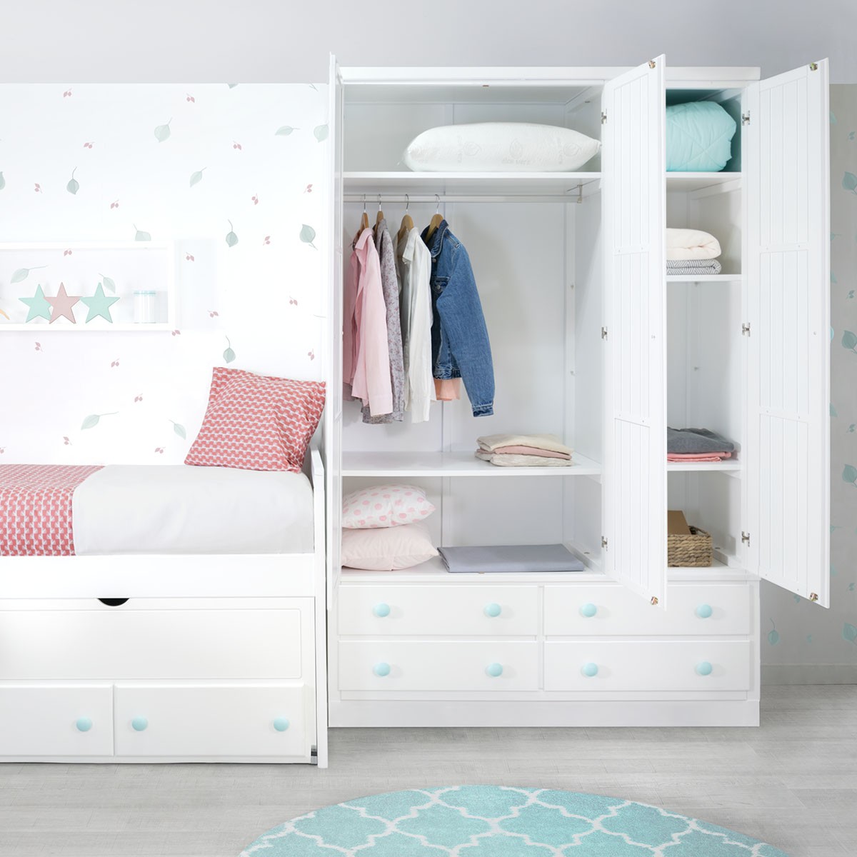 Armario blanco 3 puertas SNOW. 198x165 cm para dormitorio o habitación  juvenil. Muchos estantes y espacio para colgar.