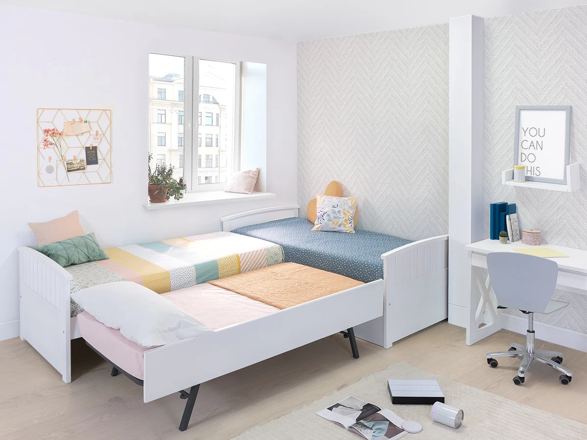 Pack habitación Juvenil con Cama Nido Estante de Pared, Armario y SOMIERES  INCLUIDOS Color Blanco y Azul
