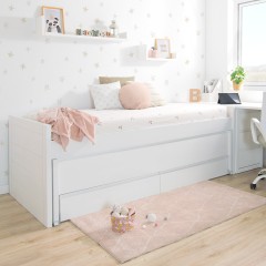 Cama Compacta Juvenil Lineal - Lacada en Blanco con Cajones