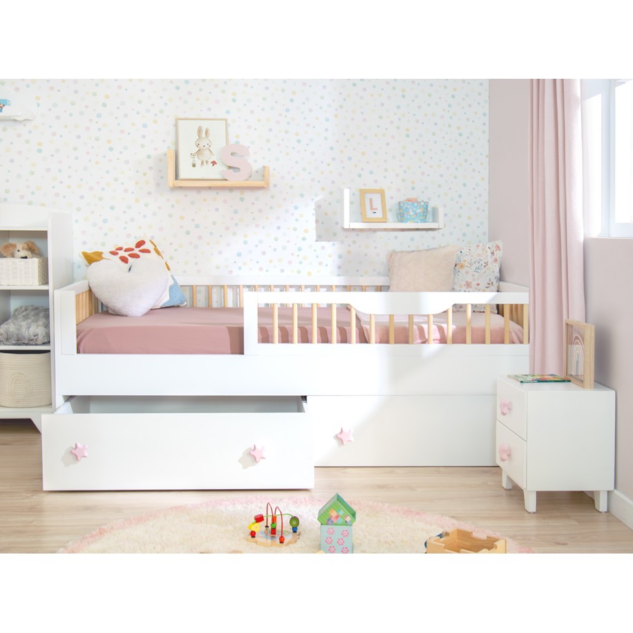 Cama blanca montessori barrotes con cajones