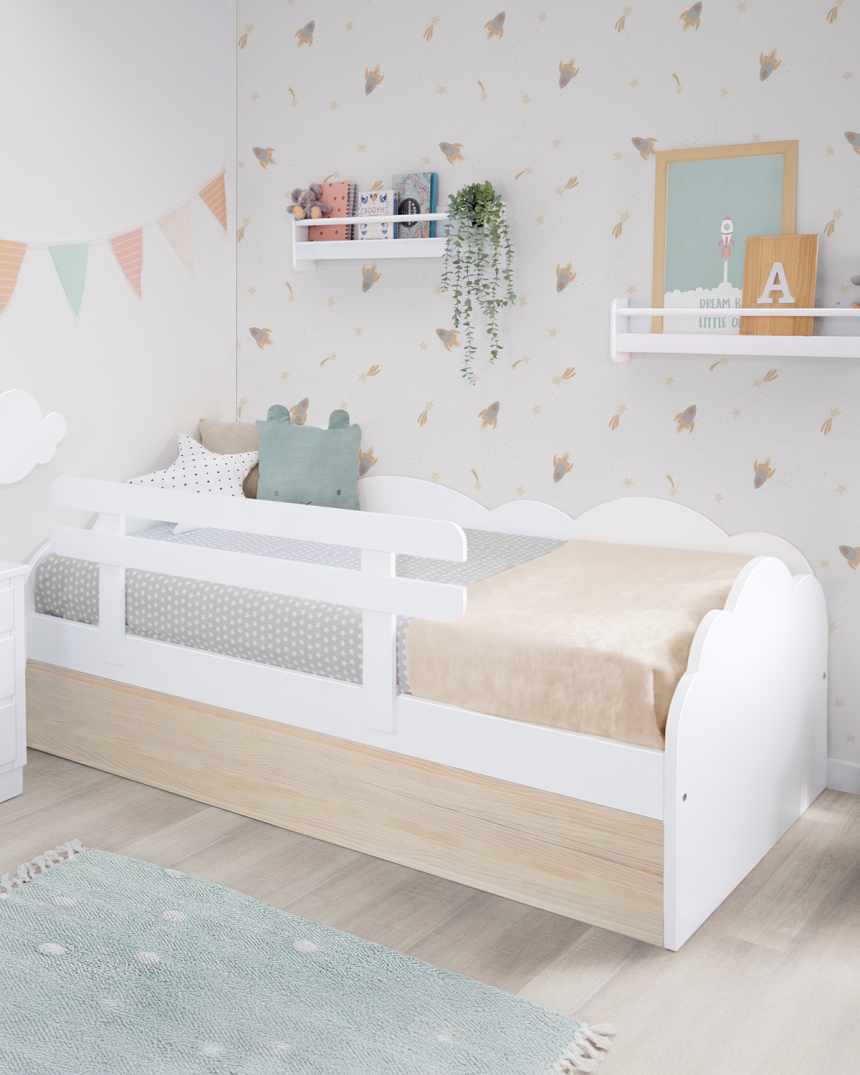 Cama nido infantil nube. Blanca y madera natural. Envío gratuito