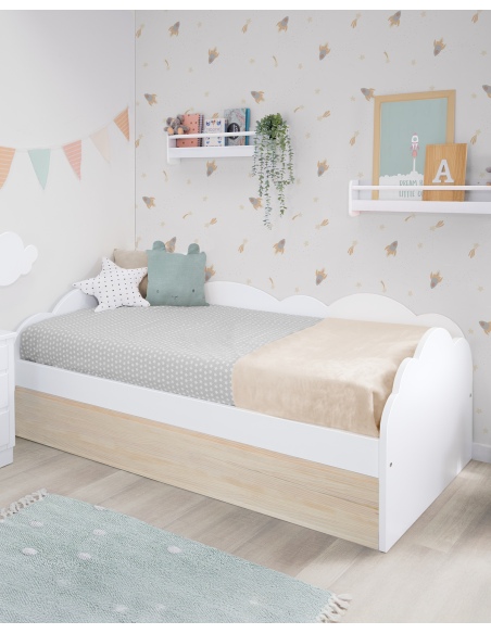 Cama nido infantil nube. Blanca y madera natural. Envío gratuito