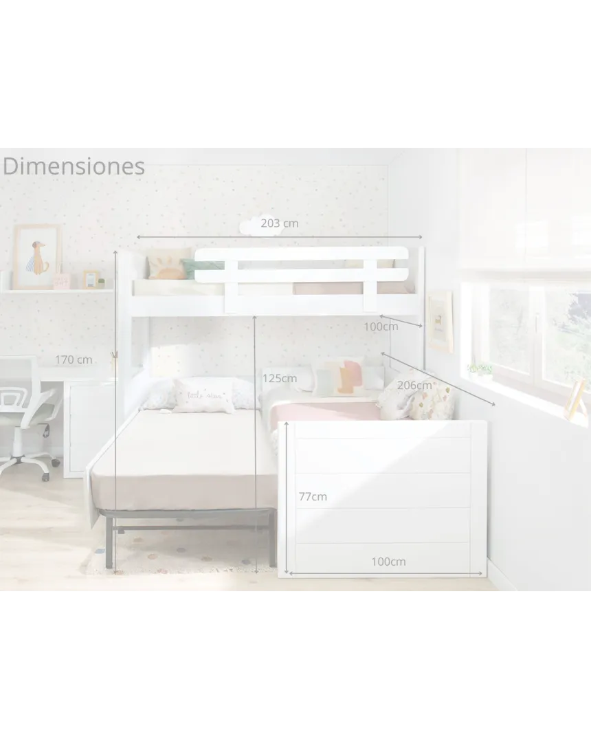Litera en L con tres camas | Solución habitación compartida