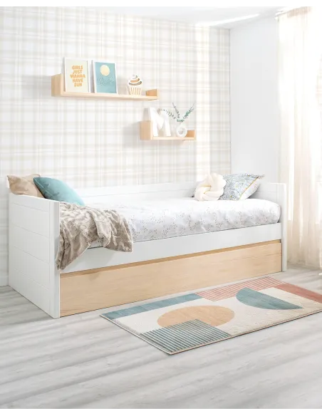 Cama nido juvenil blanca y madera natural - Lineal