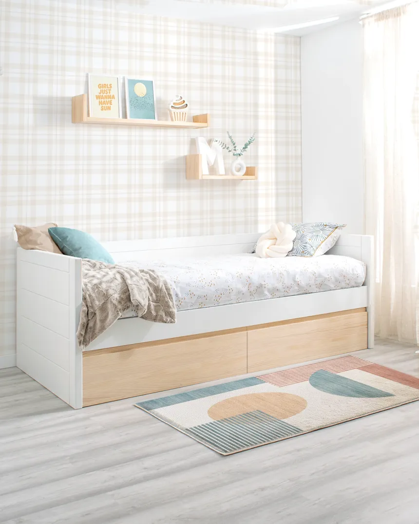 Cama con cajones juvenl blanca y madera natural Lineal - Envío Gratis
