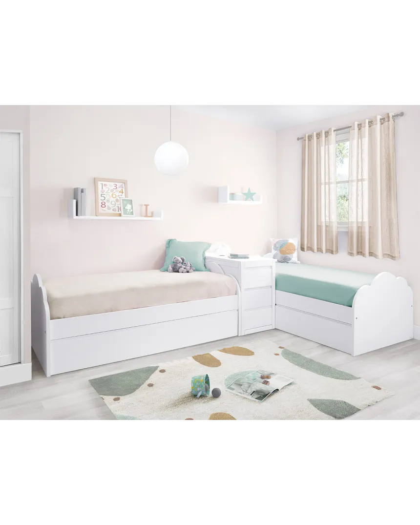 Habitación en L | Cama nido y cama con cajones + almacenaje