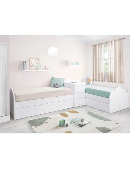 Habitación en L | Cama nido y cama con cajones + almacenaje