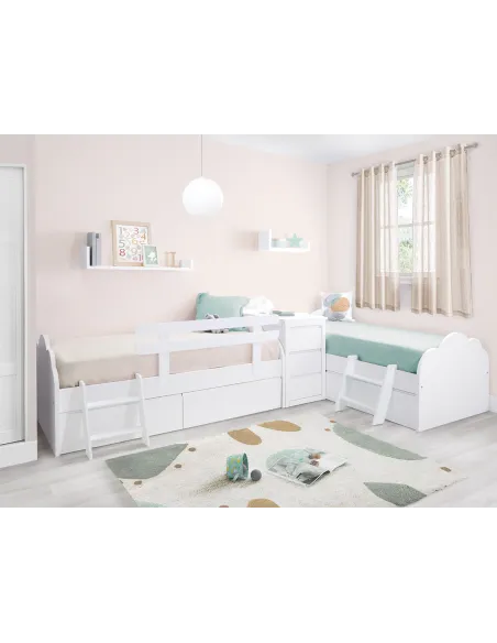 Habitación en L | Cama nido y cama con cajones + almacenaje