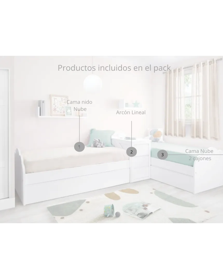 Habitación en L | Cama nido y cama con cajones + almacenaje