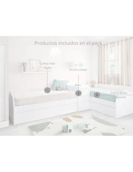 Habitación en L | Cama nido y cama con cajones + almacenaje