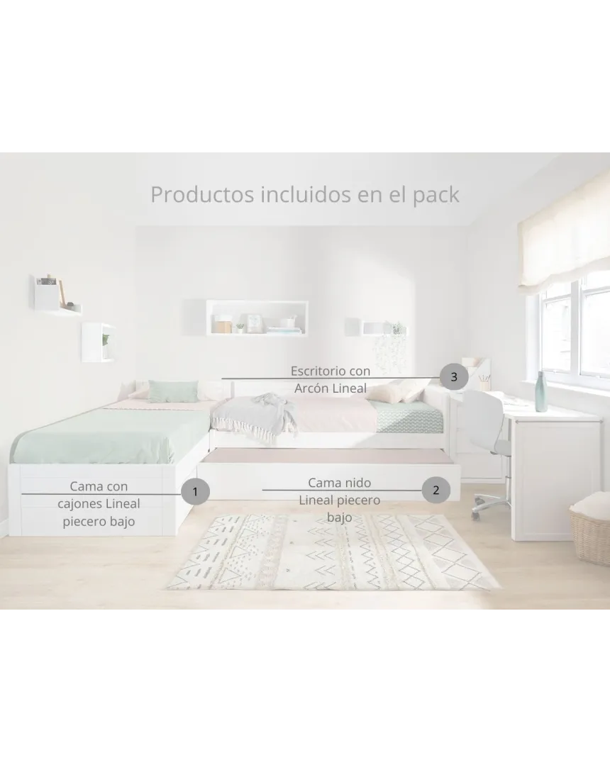 Cama nido en L con zona de estudio - Envío gratuito