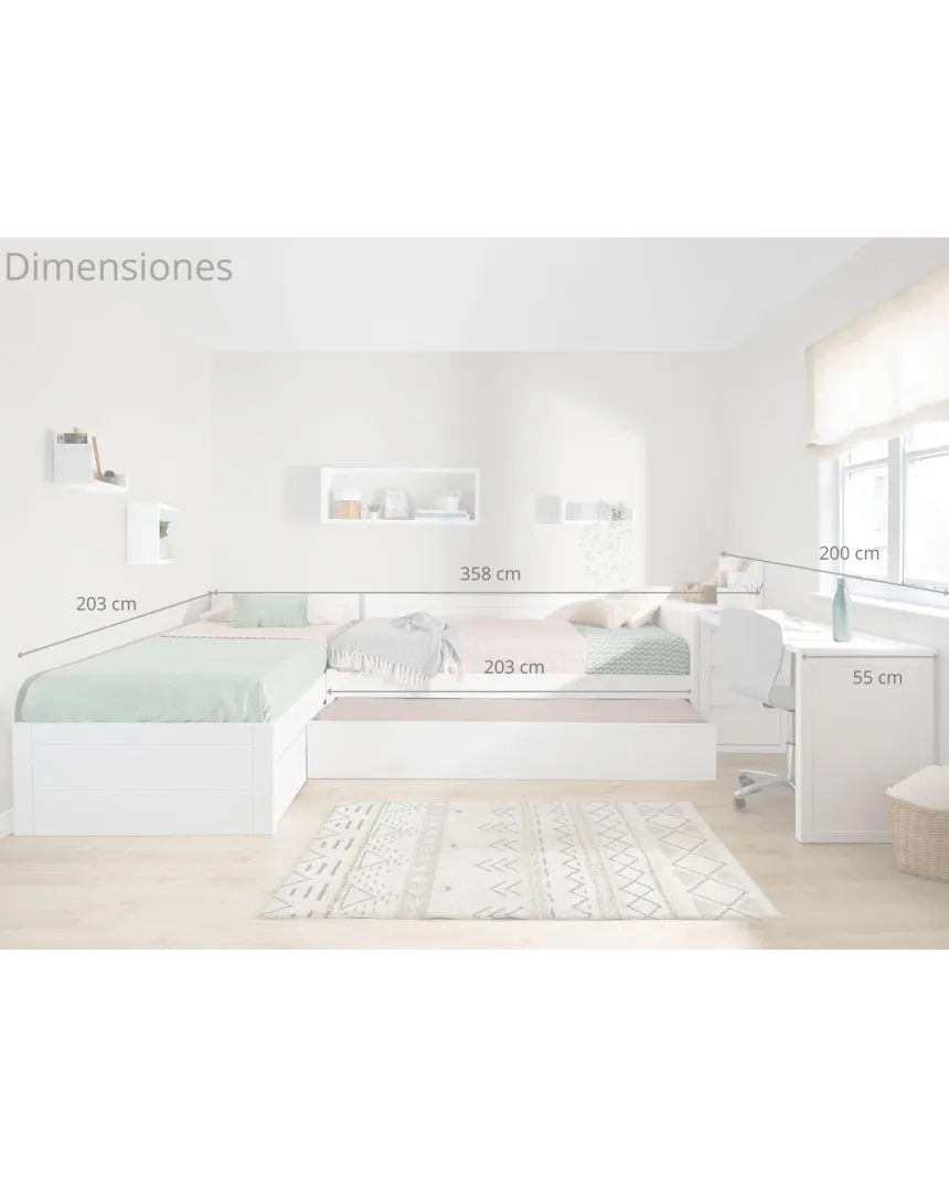 Cama nido en L con zona de estudio - Envío gratuito