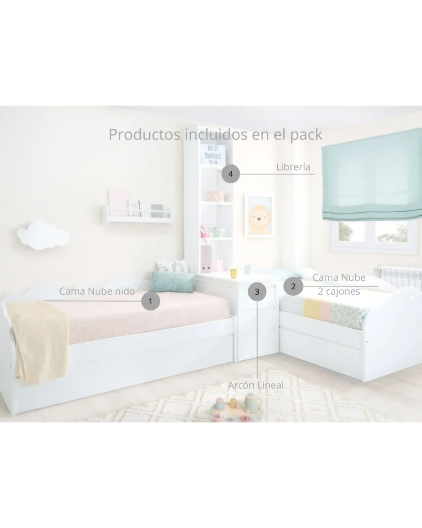 Dormitorio en L nubes con arcón y librería / Envío Gratuito