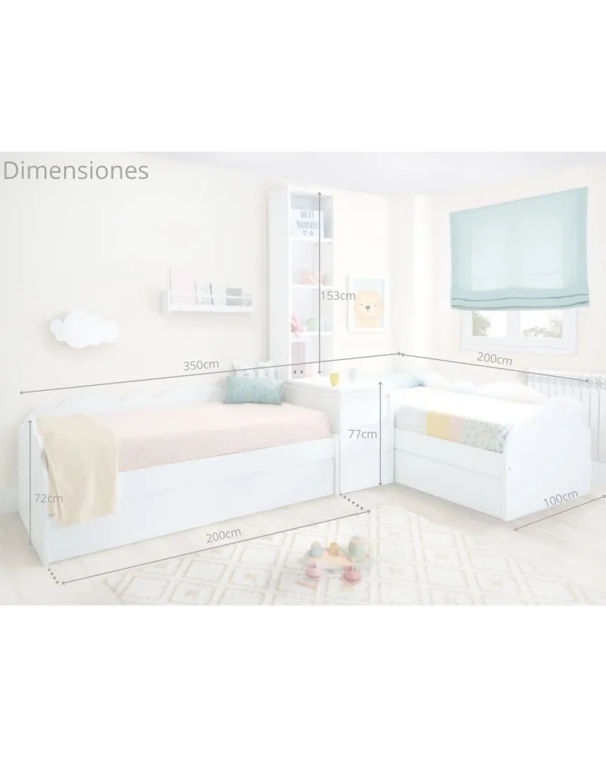 Dormitorio infantil Nube con almacenaje, arcón y librería