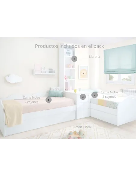Dormitorio infantil Nube con almacenaje, arcón y librería