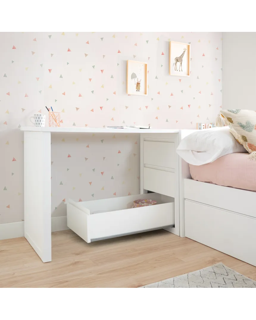 Cama nido blanca lisa baja con escritorio y arcón / Envío Gratuito