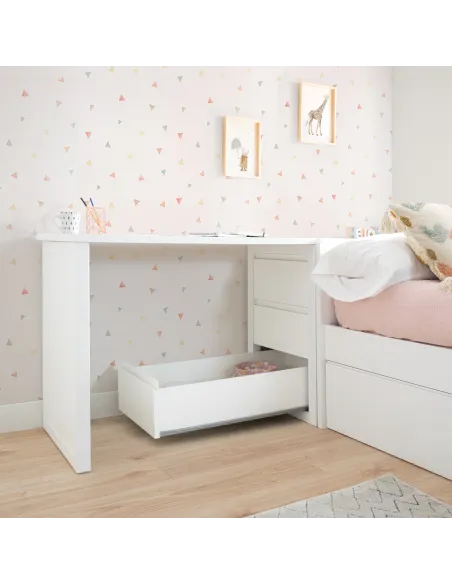 Cama nido blanca lisa baja con escritorio y arcón / Envío Gratuito