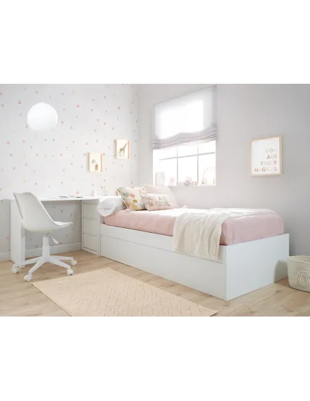 Cama nido blanca lisa baja con escritorio y arcón / Envío Gratuito
