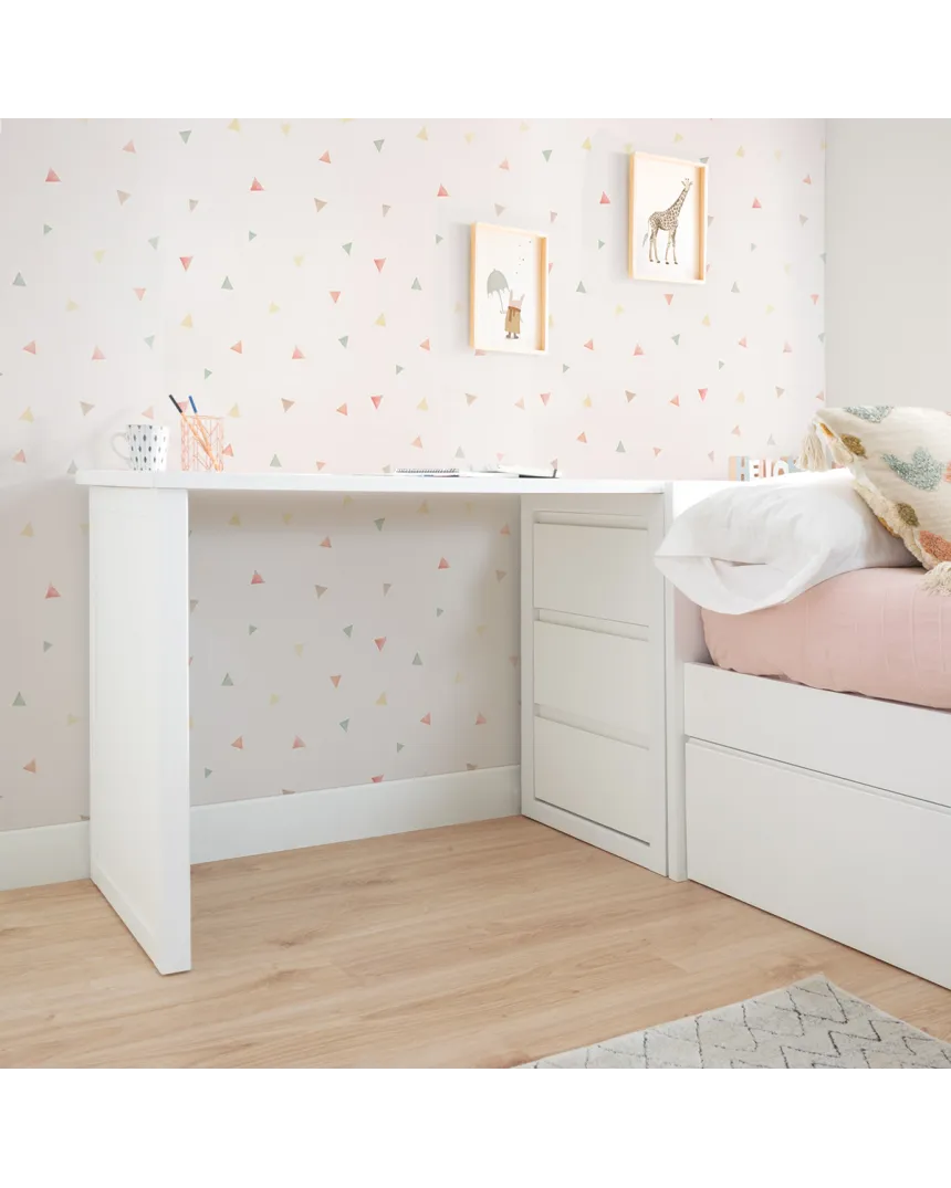 Cama nido blanca lisa baja con escritorio y arcón / Envío Gratuito