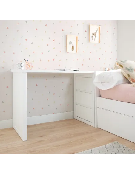 Cama nido blanca lisa baja con escritorio y arcón / Envío Gratuito