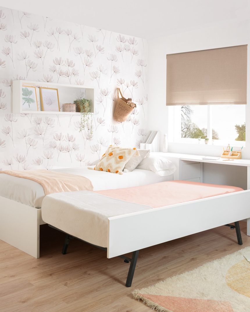 Cama nido blanca lisa baja con escritorio y arcón / Envío Gratuito