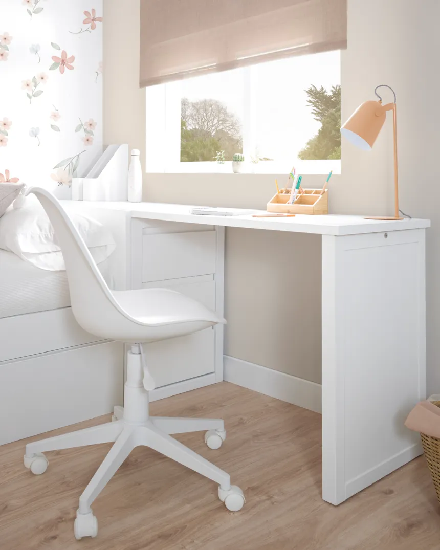 Cama nido blanca lisa baja con escritorio y arcón / Envío Gratuito