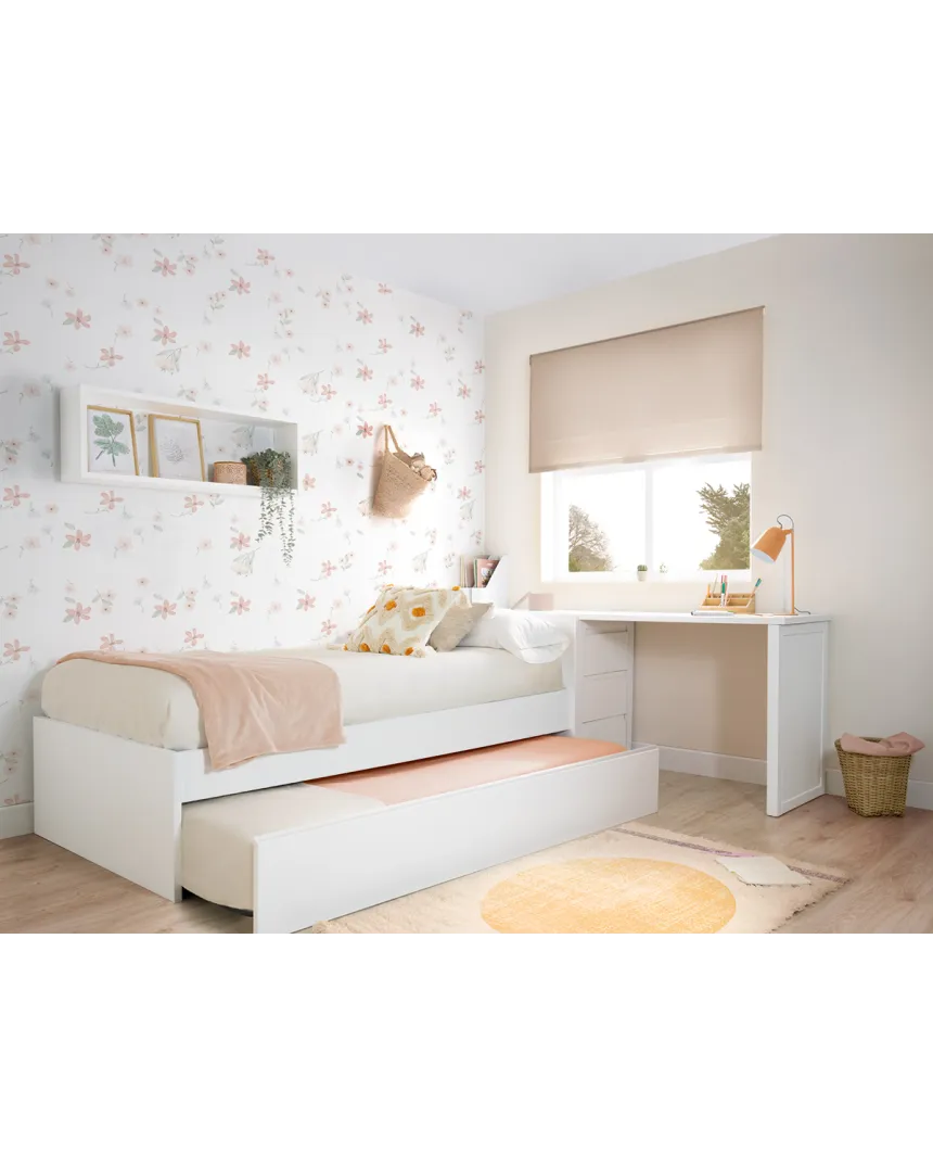 Cama nido blanca lisa baja con escritorio y arcón / Envío Gratuito