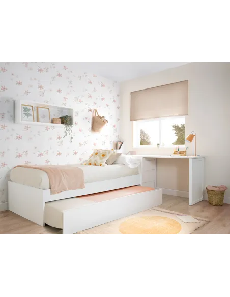Cama nido blanca lisa baja con escritorio y arcón / Envío Gratuito