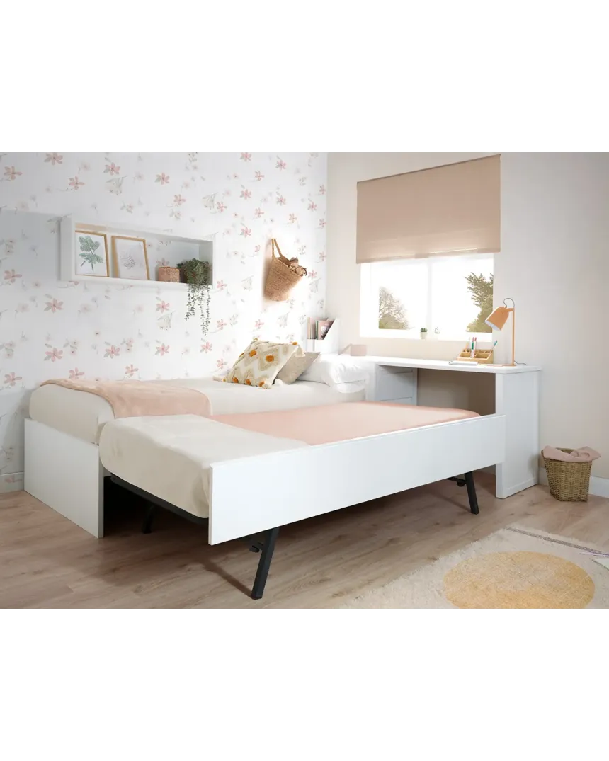 Cama nido blanca lisa baja con escritorio y arcón / Envío Gratuito