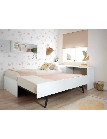 Cama nido blanca lisa baja con escritorio y arcón / Envío Gratuito