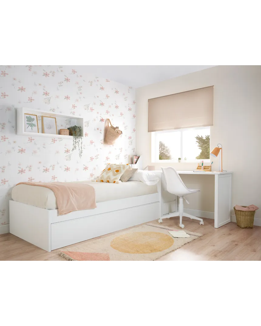 Cama nido blanca lisa baja con escritorio y arcón / Envío Gratuito