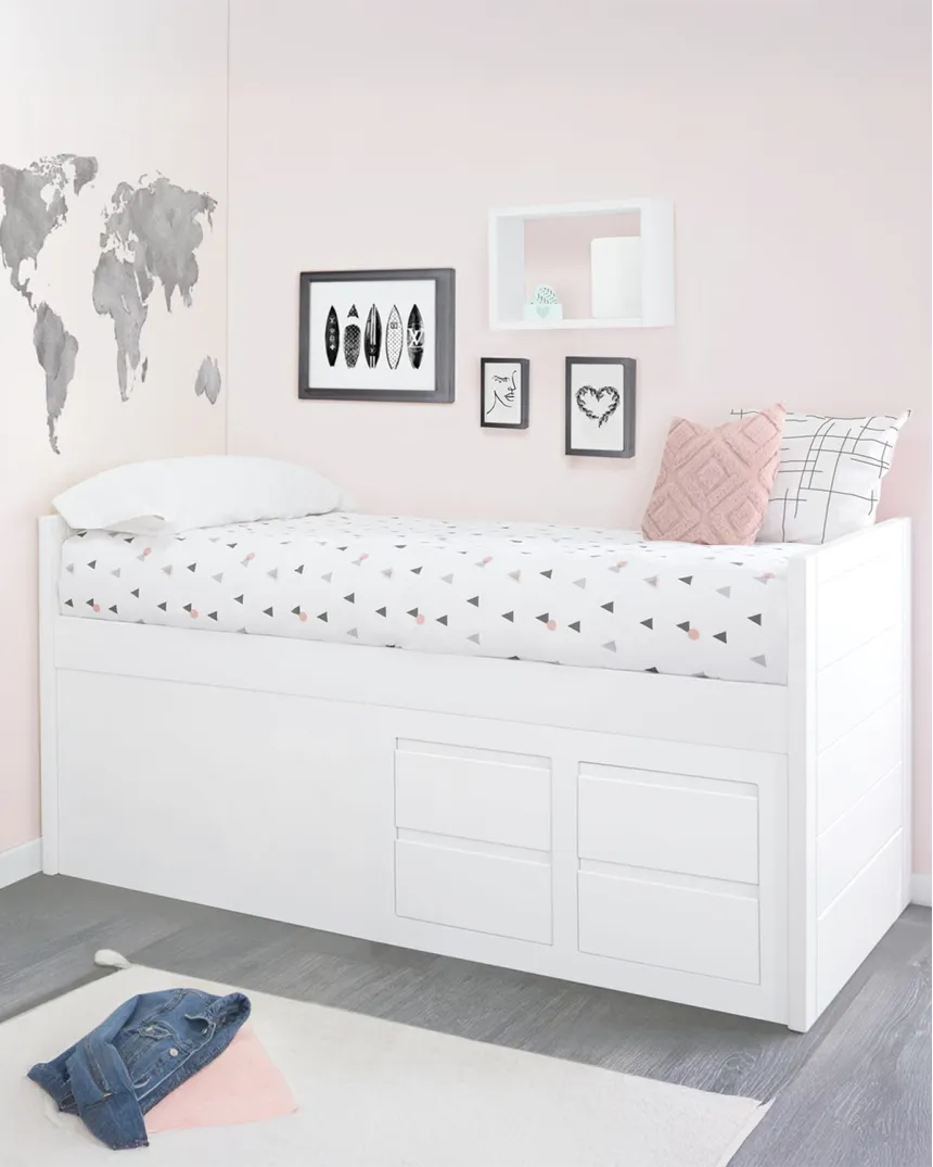 Cama compacta con cama nido en L | Habitación completa para hermanos