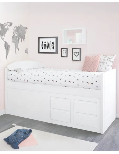 Cama compacta con cama nido en L | Habitación completa para hermanos
