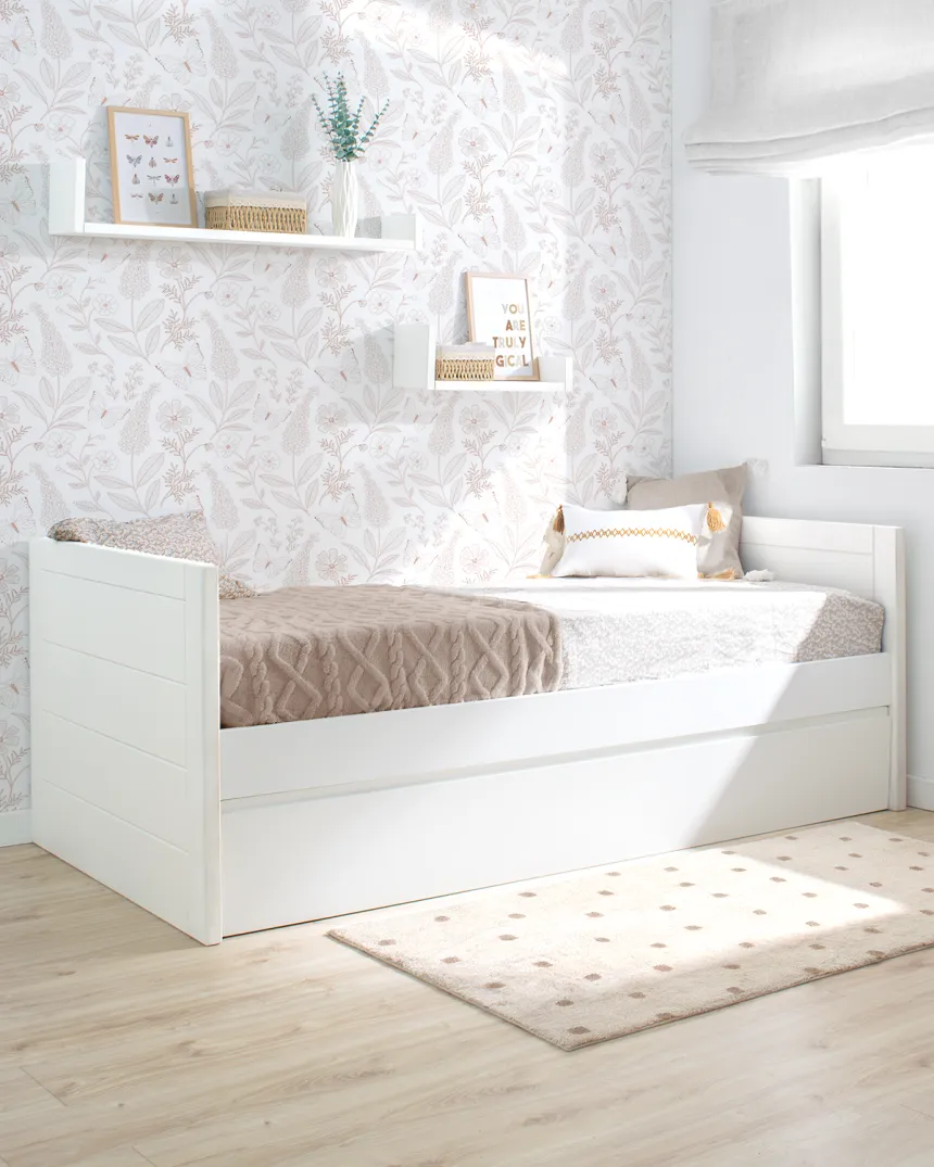 Cama compacta con cama nido en L | Habitación completa para hermanos