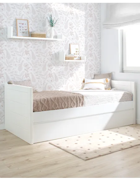 Cama compacta con cama nido en L | Habitación completa para hermanos