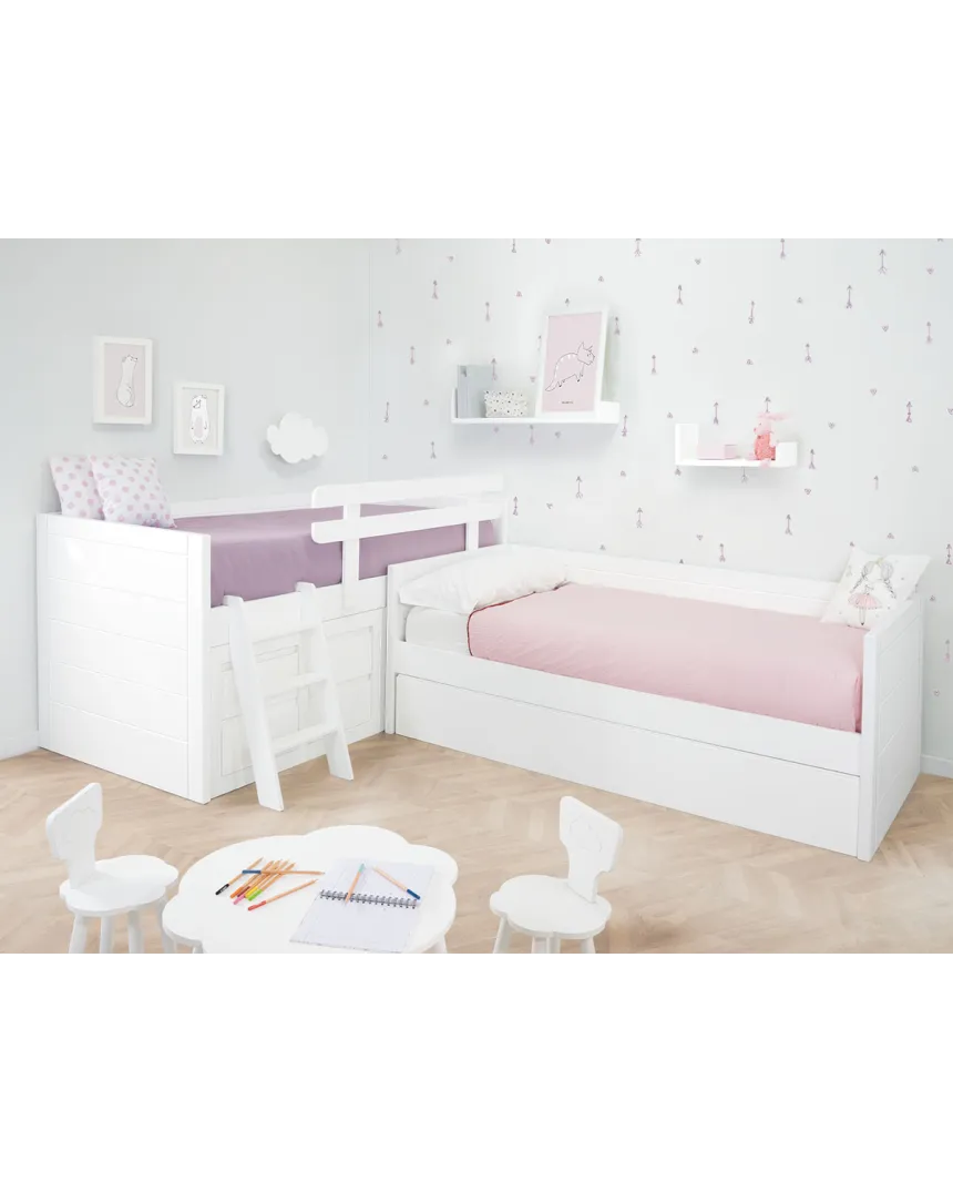 Cama compacta con cama nido en L | Habitación completa para hermanos