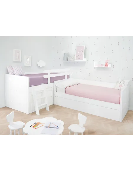 Cama compacta con cama nido en L | Habitación completa para hermanos