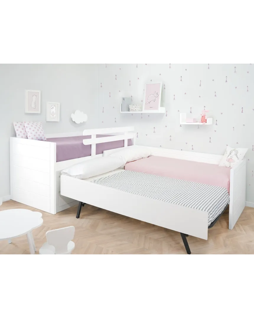 Cama compacta con cama nido en L | Habitación completa para hermanos