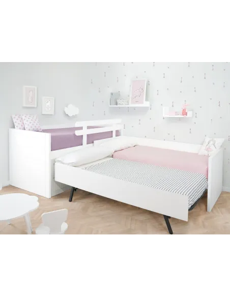 Cama compacta con cama nido en L | Habitación completa para hermanos