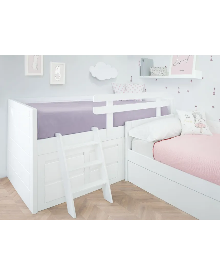 Cama compacta con cama nido en L | Habitación completa para hermanos 2
