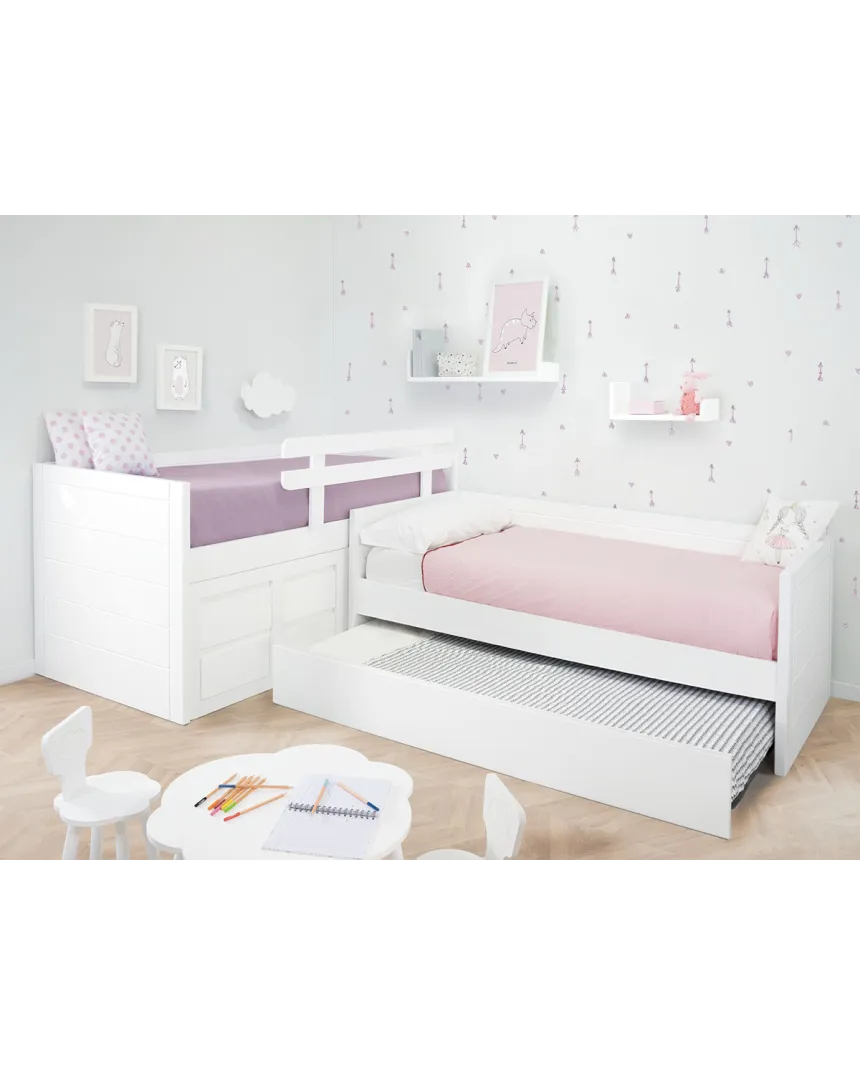 Cama compacta con cama nido en L | Habitación completa para hermanos