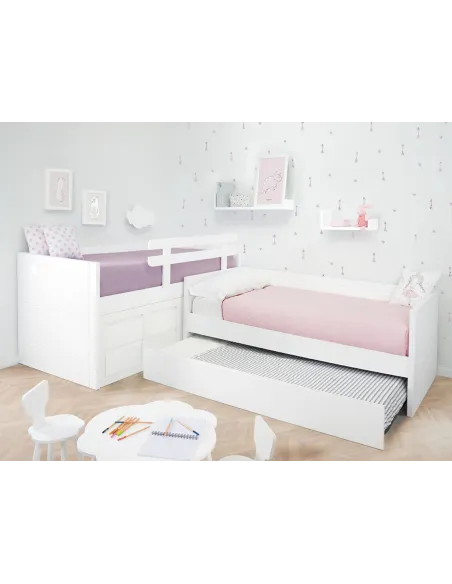 Cama compacta con cama nido en L | Habitación completa para hermanos