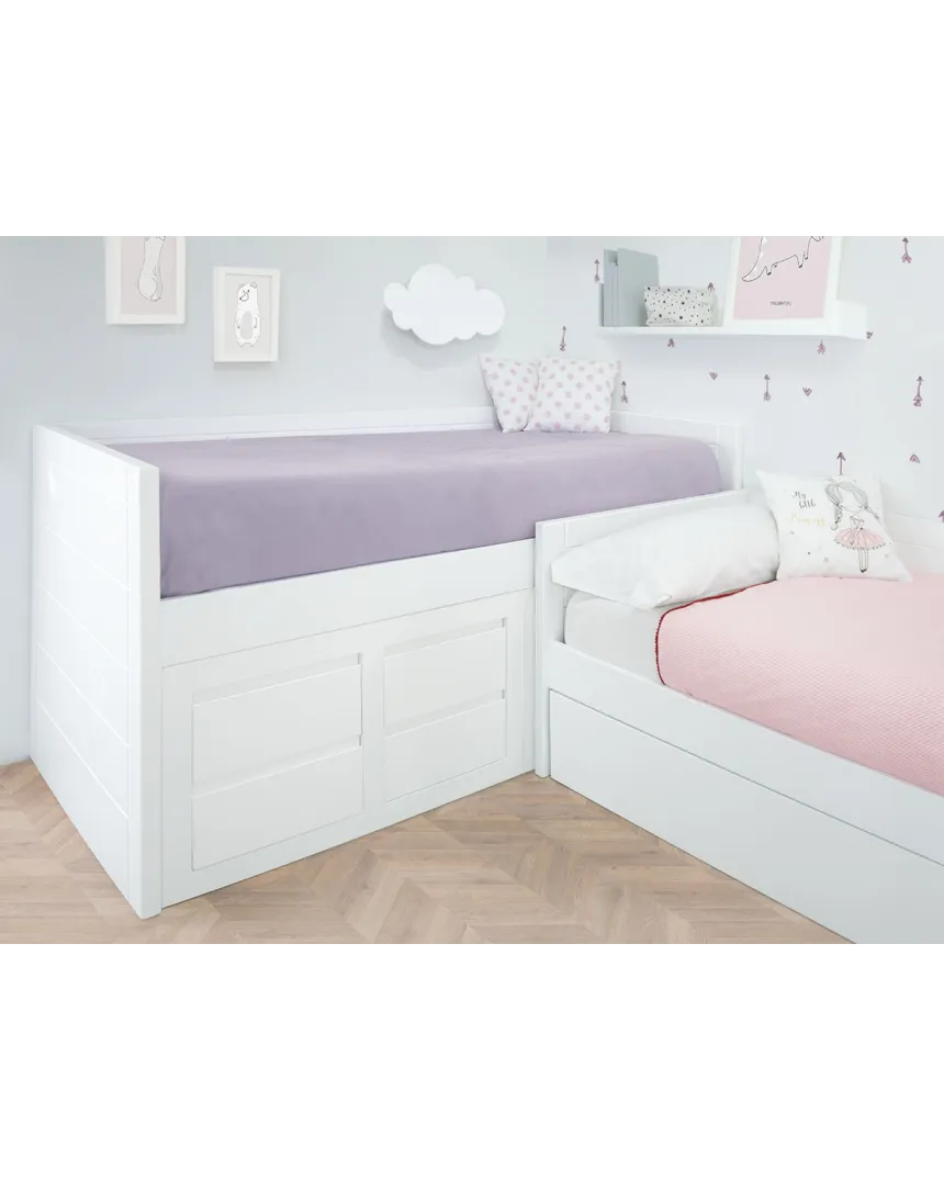 Cama compacta con cama nido en L | Habitación completa para hermanos