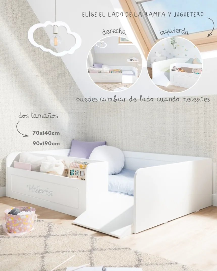 Cama para niños Blanca con juguetero y rampa - Envío Gratis