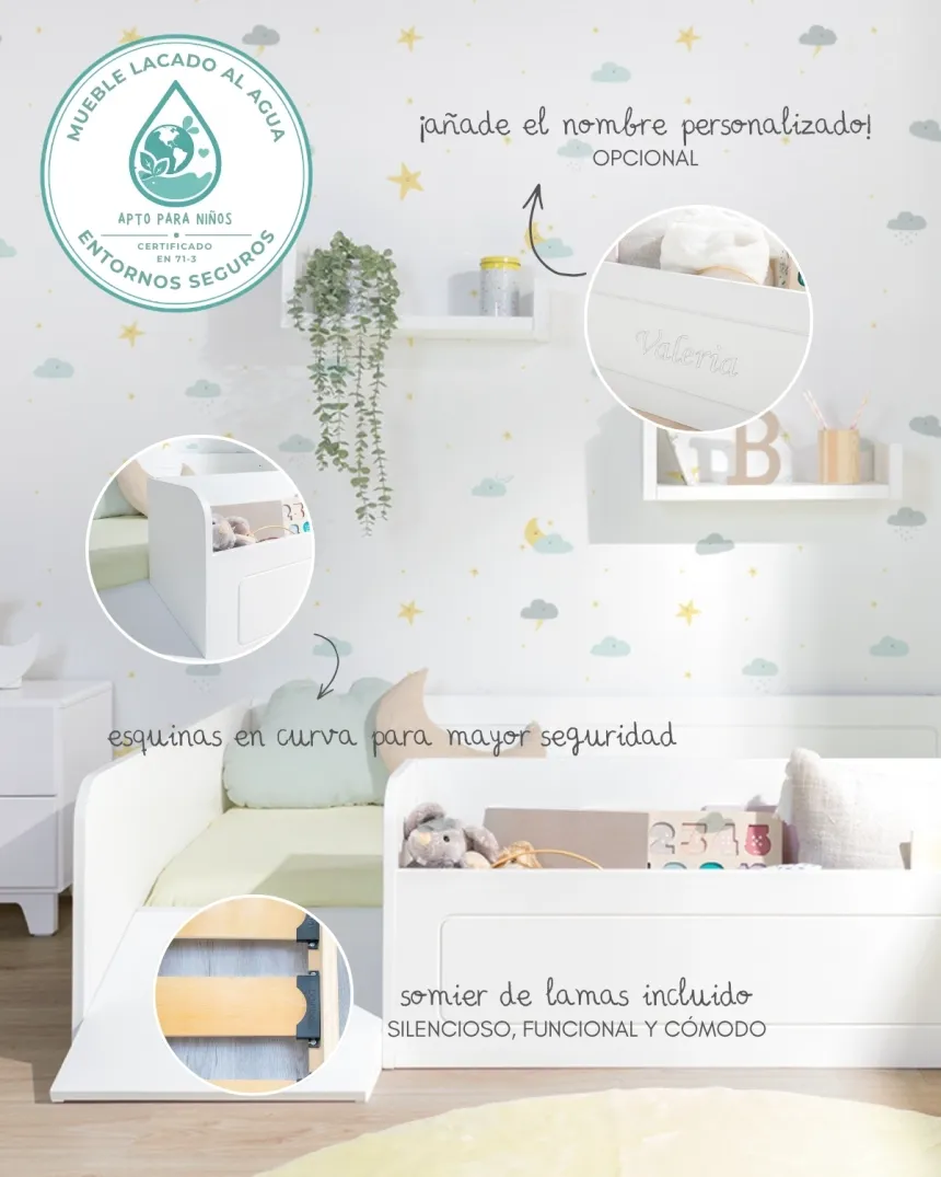 Cama para niños Blanca con juguetero y rampa - Envío Gratis