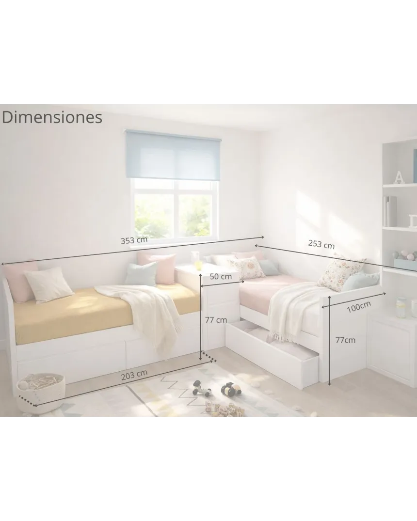 Dormitorio camas en L con cajones | Envío gratis