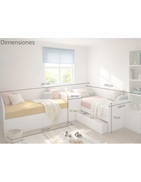 Dormitorio camas en L con cajones | Envío gratis