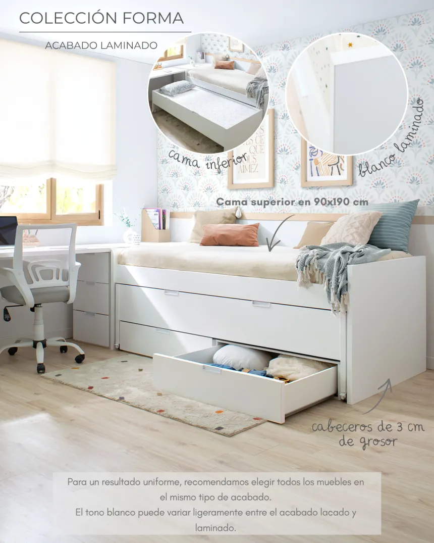 Cama compacta juvenil blanco laminado | Colección Forma 2