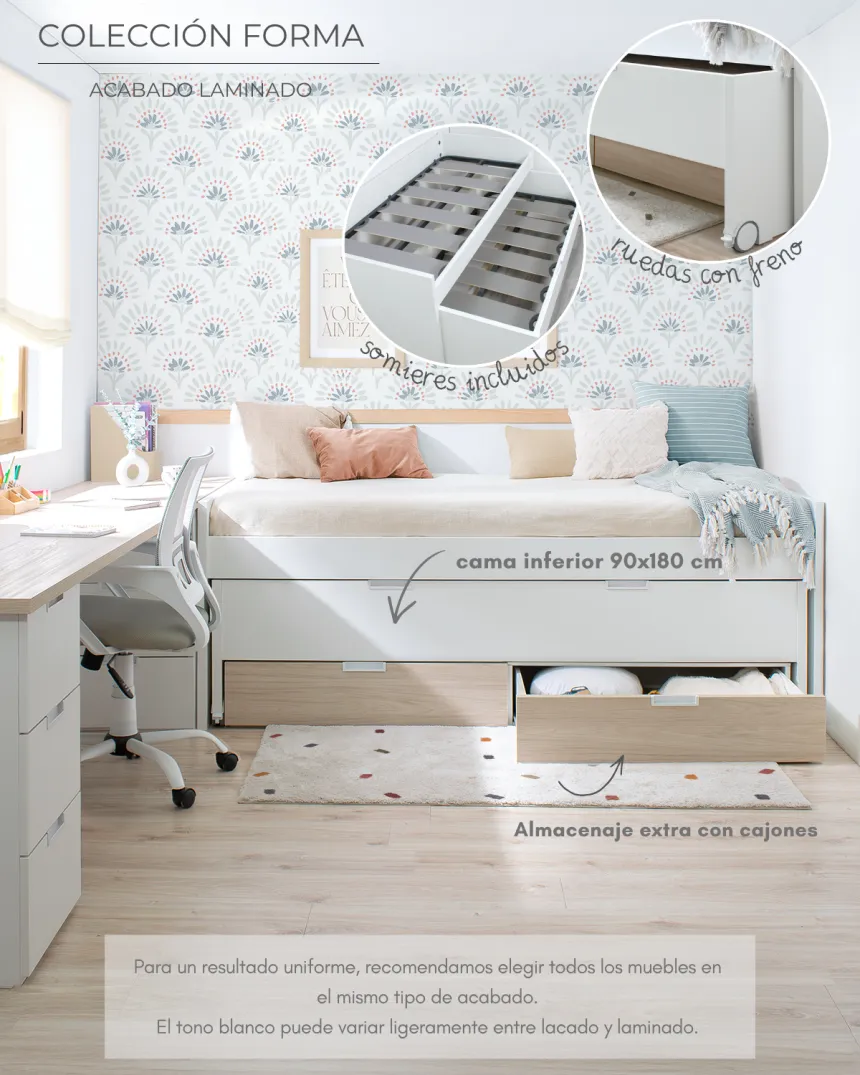 Cama compacta juvenil Forma en abedul | Entrega inmediata
